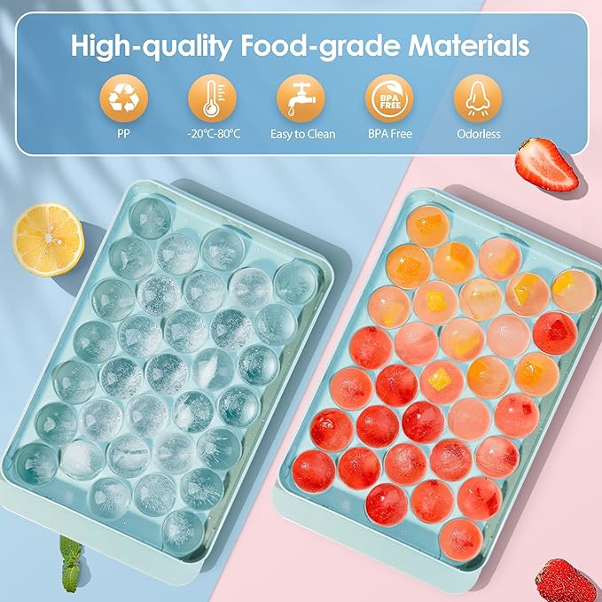 WIBIMEN Ice Cube Tray with Lid and Bin - Round Ice Trays for Freezer with Lid - Ice Cube Trays for Freezer with Ice Container (0.8"-2PACK Blue)