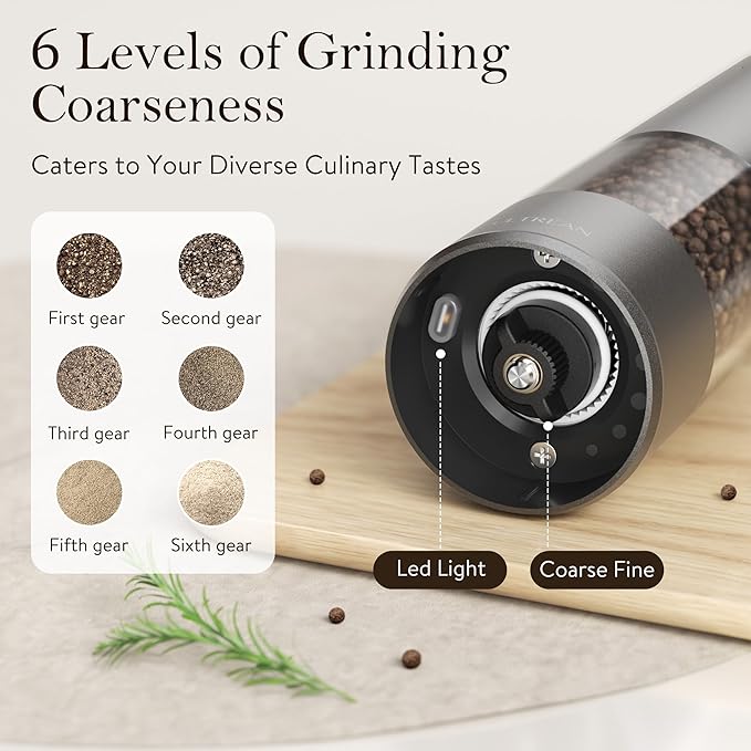 Ultrean Salt and Pepper Grinder Set, Rechargeable Salt and Pepper Shakers, 6 Adjustable Coarseness, LED Light, Kitchen Gadget & Housewarming Gift, Cooking Gifts for Men, Stainless Steel