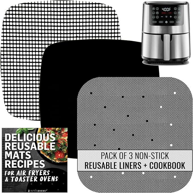 Reusable Mats Air Fryer Liners Reusable for Ultrean, Cosori, Non-Stick Sheets and Inserts, Airfryer Accessories with Cooking Recipes, Non Disposable Replacement for Parchment Paper, Heat-Resistant