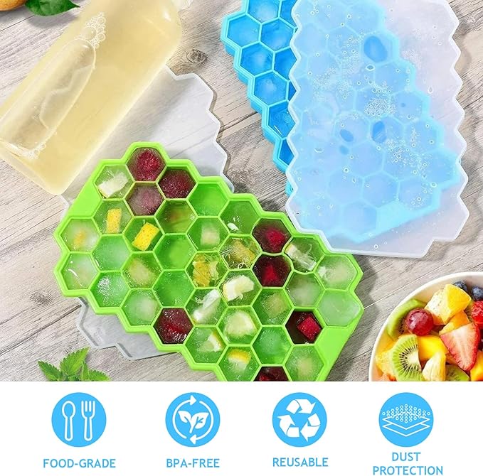 2 Pack Honeycomb Ice Cube Trays for Freezer Microwave(Blue and Green), Silicone Ice Cube Tray with Lid, 37 Hexagonal Silicone Molds, Reusable Ice Cube Mold for Whiskey, Cocktails, Homemade Cold Drinks