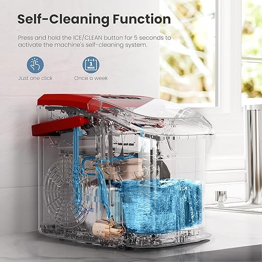 Crzoe Ice Makers Countertop with Handle, 2 Sizes of Ice, 8 Bullet Ice Cubes in 6 Mins, 26Lbs/24H, Portable Ice Maker with Self-Cleaning, Ice Machine for Home&Kitchen&Office&Party (Red)