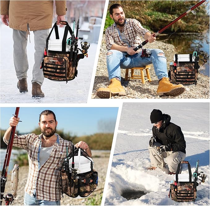Boomistry Fishing Bucket Organizer for 5 Gallon Bucket Accessories, Fishing Tackle Bag with Adjustable Buckle, Fishing Rod Bag with 15 Multi-Pockets for Fishing Gear and Equipment (Brown Camo)