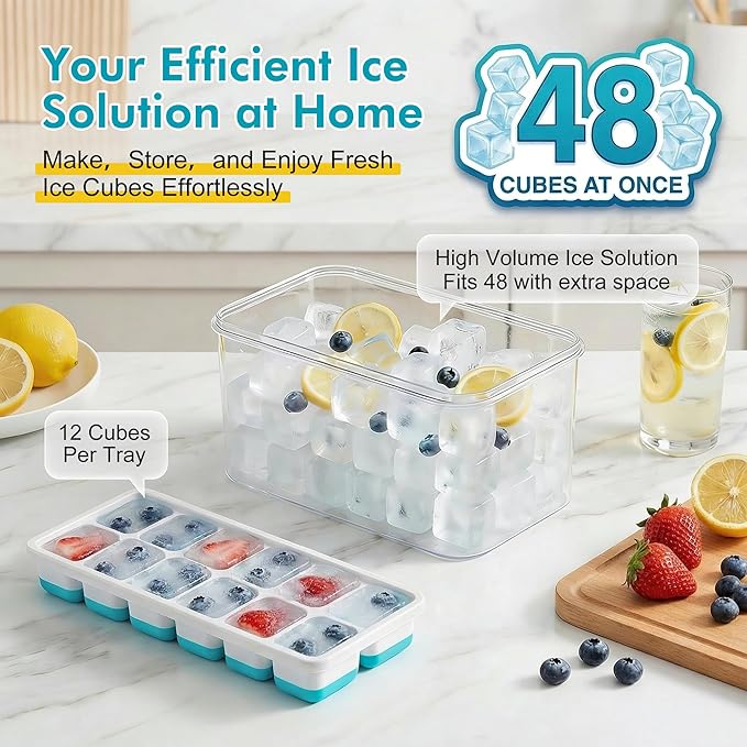 NFK Ice Cube Tray with Lid & Bin - 4 Pack 48 Cubes Stackable Silicone Trays for Freezer with Storage Container, Leak-Proof Lids, BPA-Free, Easy Release for Kitchen, RV, Party, Cocktail & Coffee