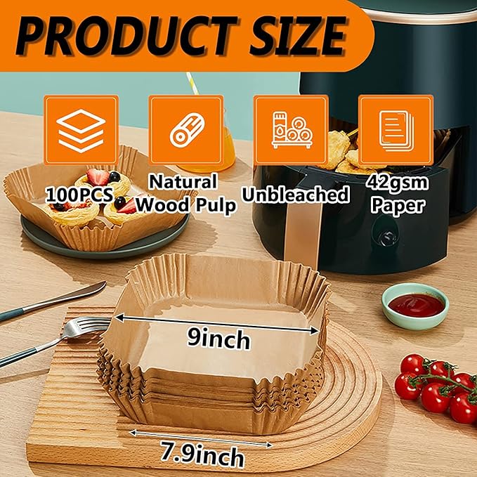 Air Fryer Liners Square, 9 Inch Airfryer Liners Disposable, Non-stick Air Fryer Paper Liners Oil Resistant, Waterproof, Food Grade Air Fryer Parchment Paper Liners for Roasting Microwave