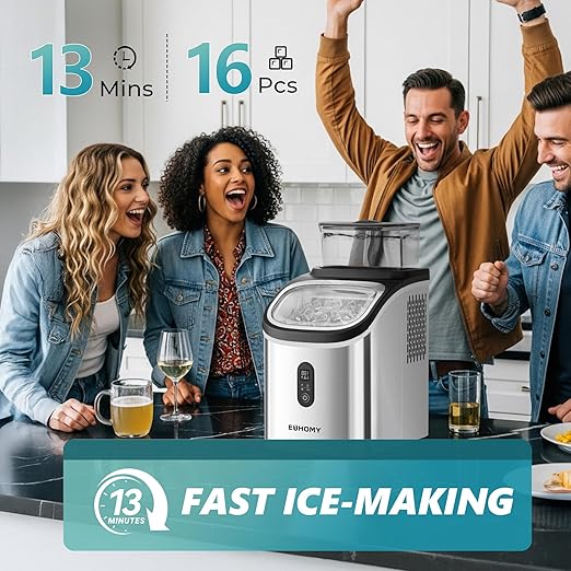 EUHOMY Ice Cube Maker Machine Countertop with External Water Tank, 2 Ways to Add Water, 34Lbs/Day, 16Pcs Ready in 7 Mins, Auto-Cleaning, with Ice Scoop & Basket, for Home/Kitchen/Office/Bar (Silver)