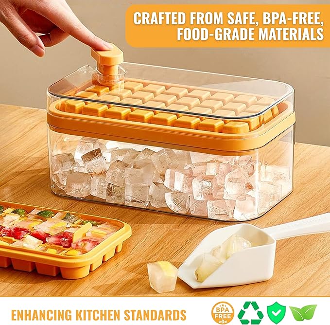 Ice Tray with Lid and Bin, 64 Cube Silicone Mold with Easy Release Bottom, Stackable Design, BPA Free Material, Includes Scoop & Storage Box, Iced Coffee, Cocktails and Beverages