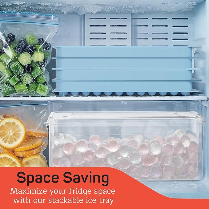 Emporio Kitchen Round Ice Cube Tray Set Pack of 4, BPA-Free Stackable Trays with Lid & Tongs, 104 Ice Balls Per Tray for Whiskey, Drinks, and Cocktails, Quick Release Round Ice Cube Mold, Blue