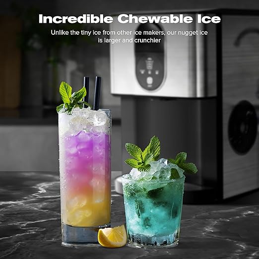 Kismile Countertop Nugget Ice Maker, 44lbs/24H Soft Chewable Pebble Ice Machine with Self-Cleaning and One-Click Operation, Compact Pellet Ice Maker for Home & Kitchen (Silver)