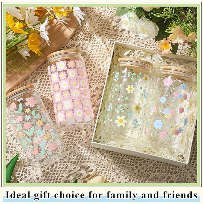 Mumufy 4 Pack Bridesmaid Gift Glass Cups, Cute Flower Mason Jars with Bamboo Lids & Straws, 16oz Iced Coffee Tumblers for Wedding, Bridal Party, Birthday, Mother's Day(Pastel Flower)