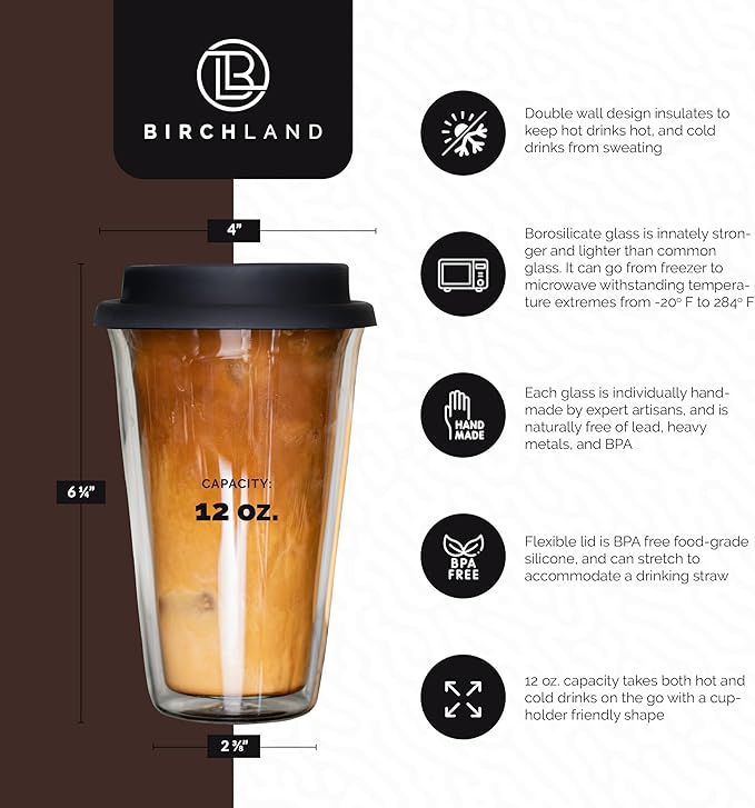 Birchland 2-Pack Insulated Glass Travel Mugs, 12 oz, Double Wall, Reusable Coffee Cups with Lids, BPA Free