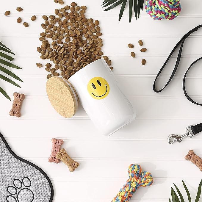 Bone Dry Ceramic Pet Treat Canister with Bamboo Lid, Dishwasher Safe, Countertop Storage, Keep Dog & Cat Treats Safe & Dry, 4x6.5", Smiley Face