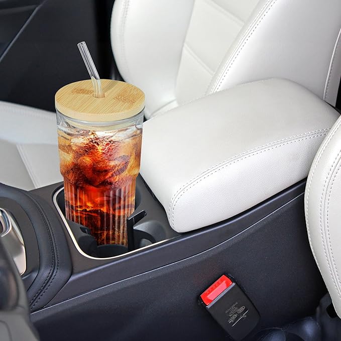 Joeyan 24 oz Clear Glass Tumbler with Straw and Bamboo Lid,Ribbed Large Glasses Cups for Iced Tea Coffee Smoothie Water Juice Beverages Soda,Thickened Drinking Jar,Set of 2,Dishwasher Safe