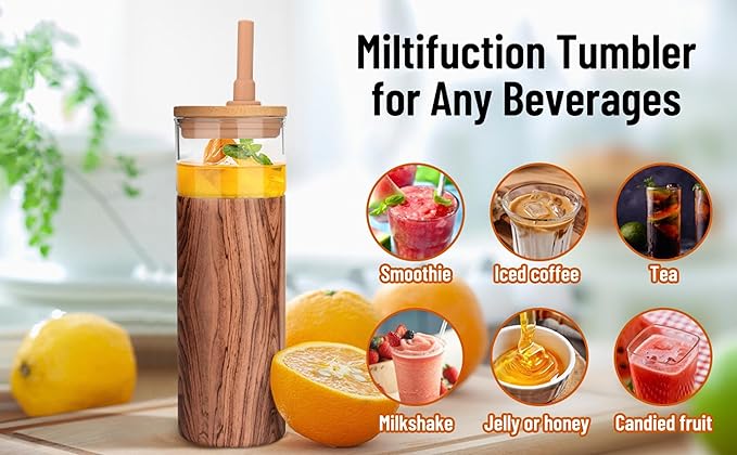 Tronco 20 oz Vacuum Insulated Glass Tumbler with Lid and Straw - Keeps Drinks Cold for 12 Hrs - Reusable Glass Cup for Iced Coffee, Smoothies & Boba - Sweat & BPA Free, Dishwasher Safe, Fit Car Holder