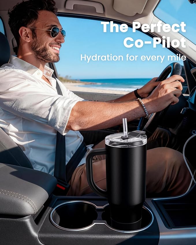 Renoj Insulated Mug 100% Leak Proof Insulated Water Bottle for Iced Coffee & Hot Drinks - Fits Car Cup Holder, Ideal Gift, 2 Straws & Silicone Boot - SnapShift Black 32 oz