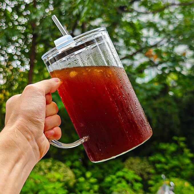 20oz Glass Tumblers with Lids and Straws - Stylish Vintage Ribbed Design for Iced Coffee, Juice, Smoothies, Milkshakes, Cold Beverages & Whiskey Cocktail Beer (Thick Inner Ridge)
