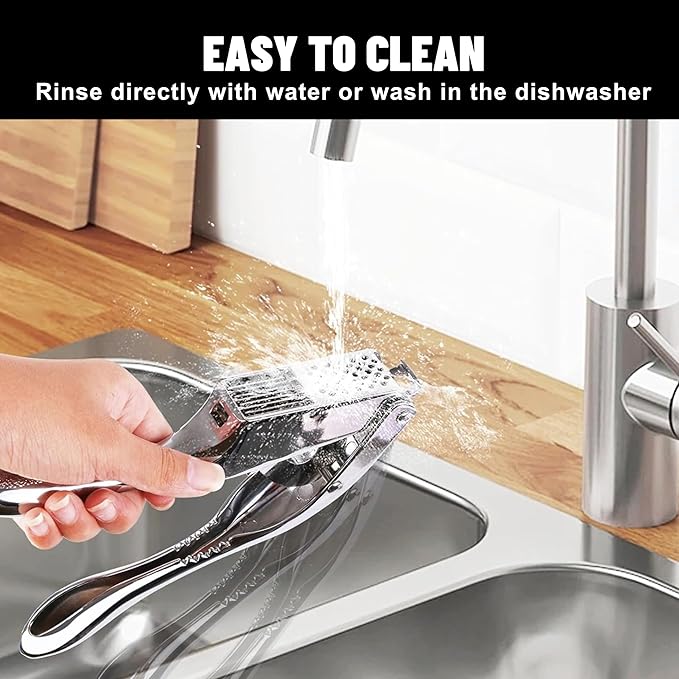 Garlic Press Stainless Steel, Heavy Duty Garlic Crusher & Mincer, Easy Squeeze Ergonomic Handle, Dishwasher Safe, Includes Peeler & Brush, 3-in-1 Set