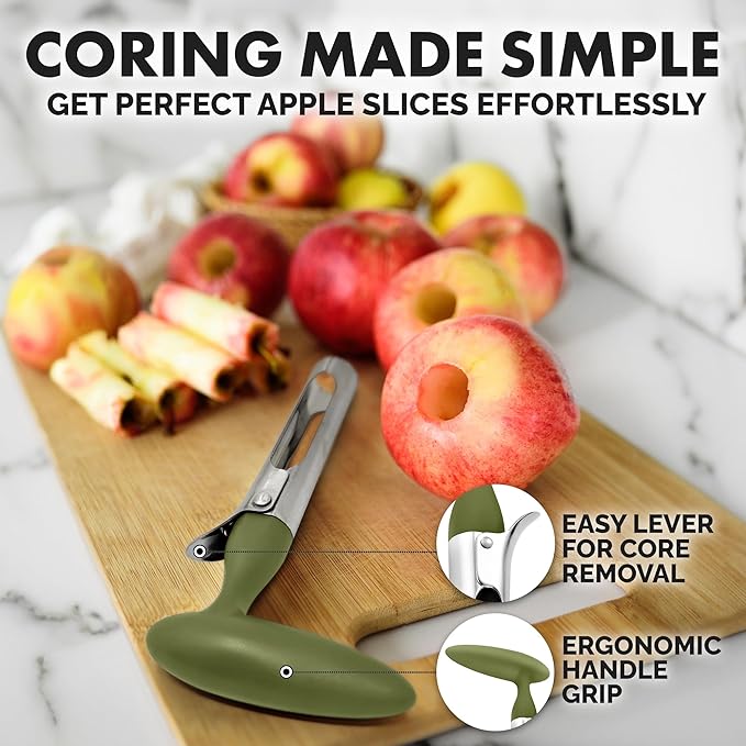 Zulay Kitchen Ultra Sharp Apple Corer Tool - Stainless Steel, Sharp & Serrated Blade Cores in Seconds - Easy to Use & Clean, Durable Apple Core Remover for Apples & Small Fruits - Olive Green