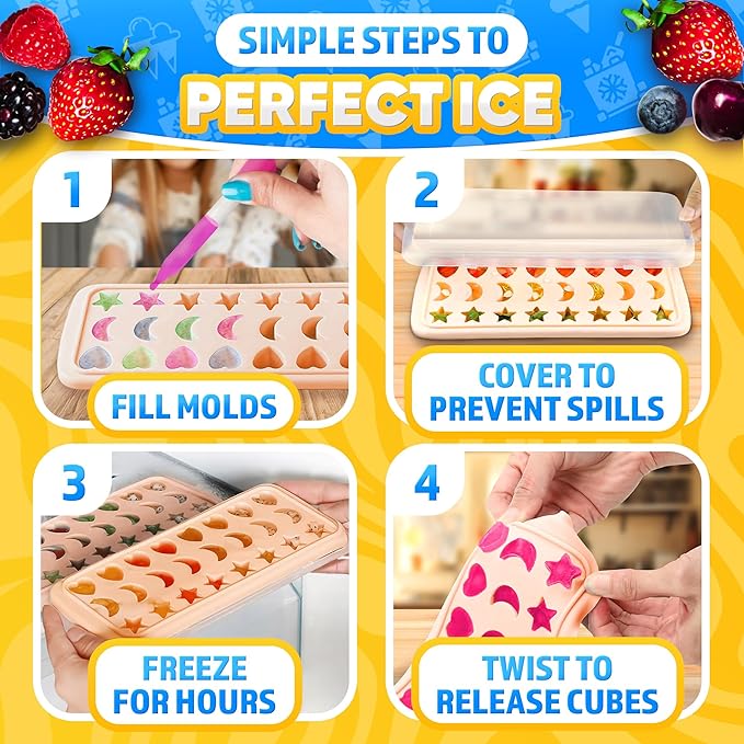 Mini Star Ice Cube Tray with Lid – Stars, Moons & Hearts that Just Pop Right Out – 24 Cavities Cute Ice Cube Tray, Flexible Silicone, Easy Release | Reusable Molds for Cocktails, Parties & Desserts