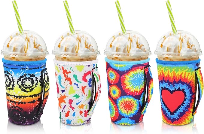 4Pack Reusable Iced Coffee Sleeve Insulator Sleeves for Cold Drinks Beverages, Neoprene Cup Holder for Most Coffee, Fits 22-24oz Medium Cups (Tie dye with Handle)