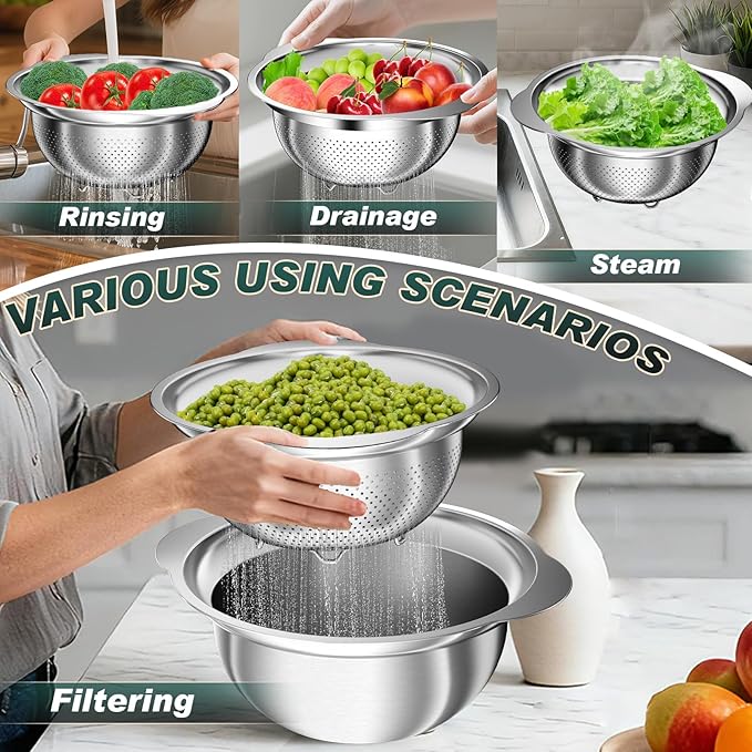 Stainless Steel Colanders with Mixing Bowl - 3.0QT & 2.0QT Strainer and Colander with Handle, 3.5QT Nesting Kitchen Bowl with Colander For Pasta, Vegetables, Fruit, Rice, 3PCS