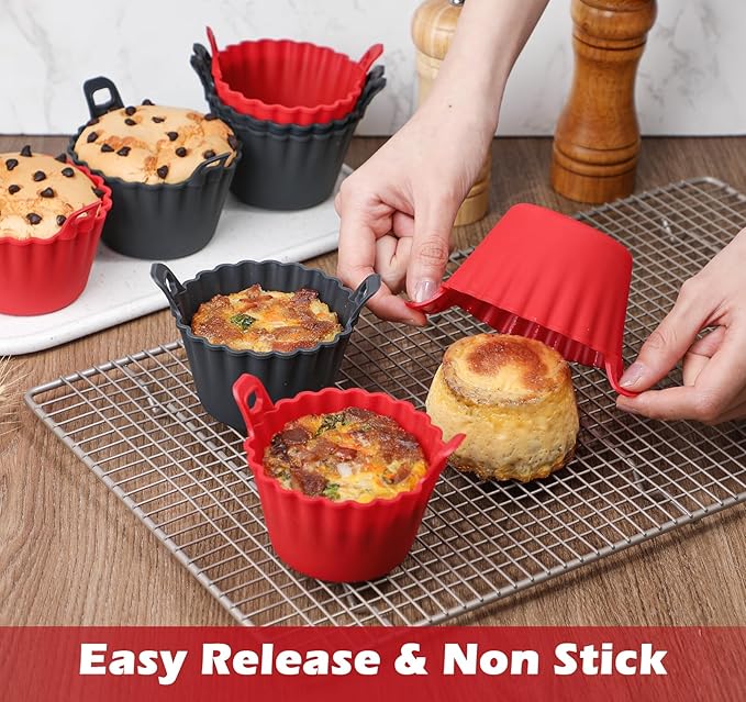 Webake Air Fryer Muffin Cups with Handle, LFGB Platinum Silicone Ramekins for Baking, Egg Bites, Egg Poacher, Pack of 8