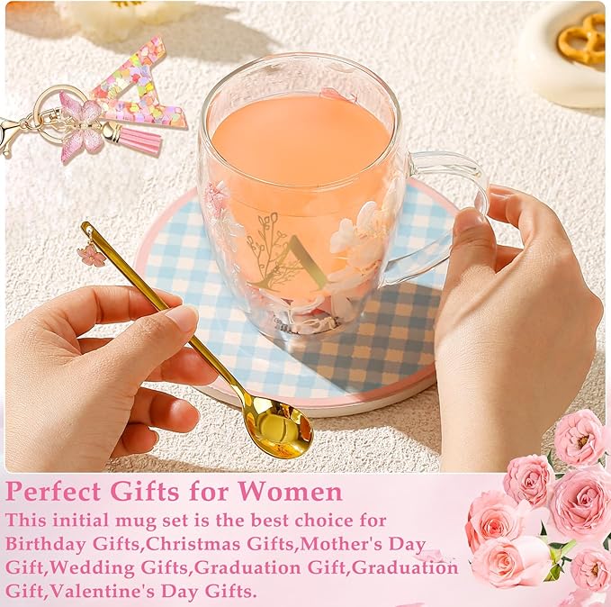 Personalized Gifts for Women Cute Monogrammed Double Wall Glass Coffee Mug Tea Cup with Spoon Customized Birthday Valentine Mother's Day Christmas Gift for Mom Wife Friends Sister Coworker(Letter A)