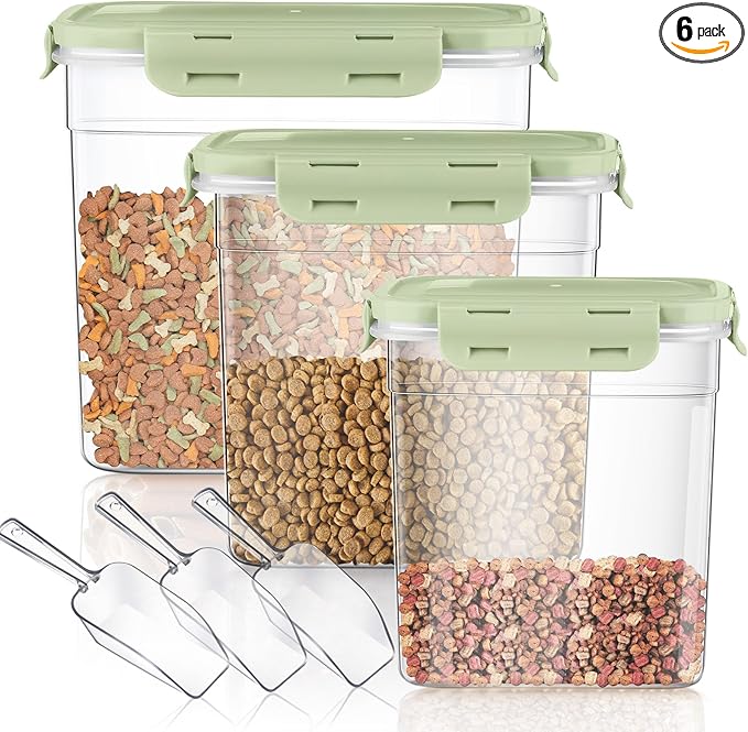 Patelai 6 Pcs Dog and Cat Food Storage Containers with Scoops Set Plastic Pet Food Storage Containers Stackable Airtight Dry for Kitchen 1.27, 2.4, 4 Qt (Green)