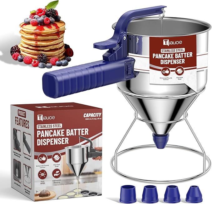Stainless Steel Pancake Batter Dispenser, 40oz Batter Dispenser with Squeeze Handle, Great for Pancakes, Cupcake, Waffle or Any Baked Goods, Durable, Leak-Free, Klein Blue