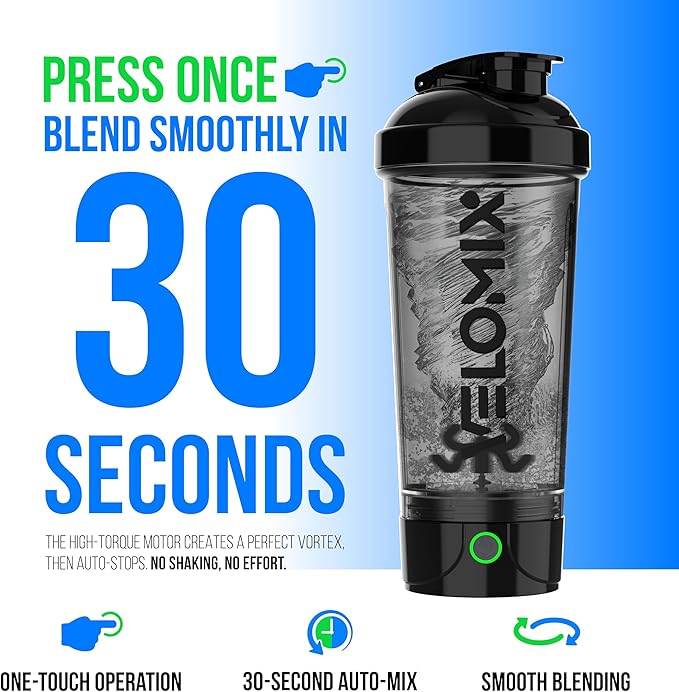 VELOMIX Electric Protein Shaker Bottle - 24 oz | USB-C Rechargeable | Leak Proof Shaker Cups for Protein Shakes | Portable Blender for Shakes and Smoothies (Electric - Black)