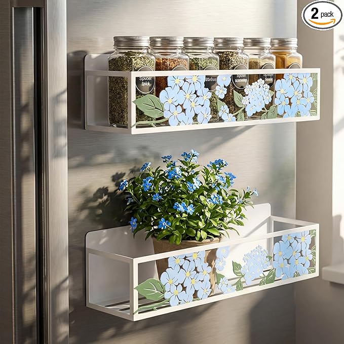Beeveer 2 Pack Hydrangea Magnetic Spice Rack for Refrigerator Metal Magnet Basket Shelf for Fridge Seasoning Storage Organizers Home Decor Kitchen Accessories (Blue)