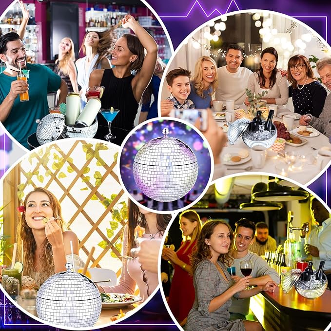 Hoolerry 2L Disco Ball Ice Bucket for Cocktail Bar Retro 70s Barware Mirror Silver Disco Beverage Vase Bowl Drink Barrel Double Stainless Steel Bachelorette Party Gift Supplies