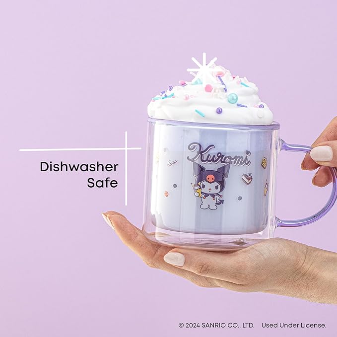 JoyJolt Hello Kitty Double Wall Insulated Coffee Mug ft Kuromi, 13.5 oz Glass Cup, Cute Drinking Glassware ideal for Latte, Iced Coffee, or Tea, Kawaii Hello Kitty Merch, Sanrio Accessories