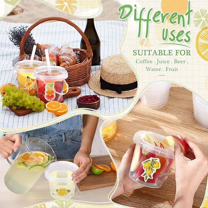 Funnymoom 50 Set Lemonade Buckets with Lids and Straws 24oz Clear Plastic Drink Cups Disposable Rum Cocktail Drinking Pails with Handles Bulk for Summer Lemon Themed Wedding Birthday Party Supplies
