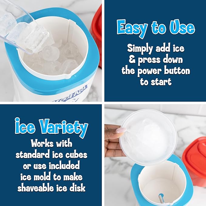 Kool-Aid Shave Ice and Snow Cone Machine, Multi-Use Ice Shaver for Frozen Treats, Slushies, Snow Cones, and More – Reusable Cup and Ice Mold, Stainless Steel Blades – Red and White