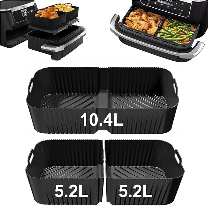 Silicone Air Fryer Liners Set 1x 10.4L + 2x 5.2L for Ninja Foodi FlexDrawer AF500UK, 3Pcs Reusable Dual Air Fryer Liners for Cosori Twinfry 10L, BPA-Free Heat-Resistant Air Fryer Accessories