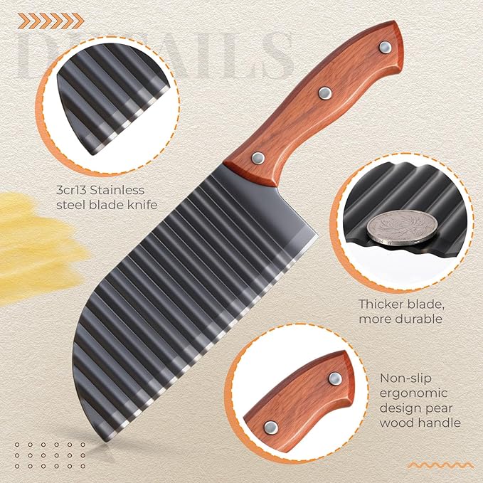 Patelai 2 Pcs Crinkle Cutter Set for Potato Vegetable French Fry, Stainless Steel Blade Wavy Slicer, Wavy Crinkle Cutting Tool Salad Chopping Knife Soap Fruit French Fry Slicer (Wooden Handle,Rufous)