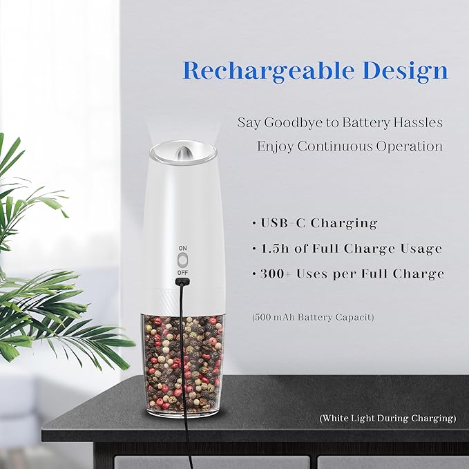 UNNEES Rechargeable Electric Salt and Pepper Grinder Set, Gravity Activated, Adjustable Coarseness, LED Light, USB Charging, Ceramic Core, 150ml Transparent Hopper, Black + White