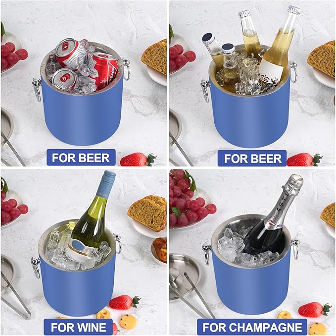 Ice Bucket with Lid & Tong- Well Made Insulated Stainless Steel Keep Ice Frozen Longer - Ideal for Cocktail Bar, Parties, Chilling Wine, Champagne - 3 Liter (Blue)