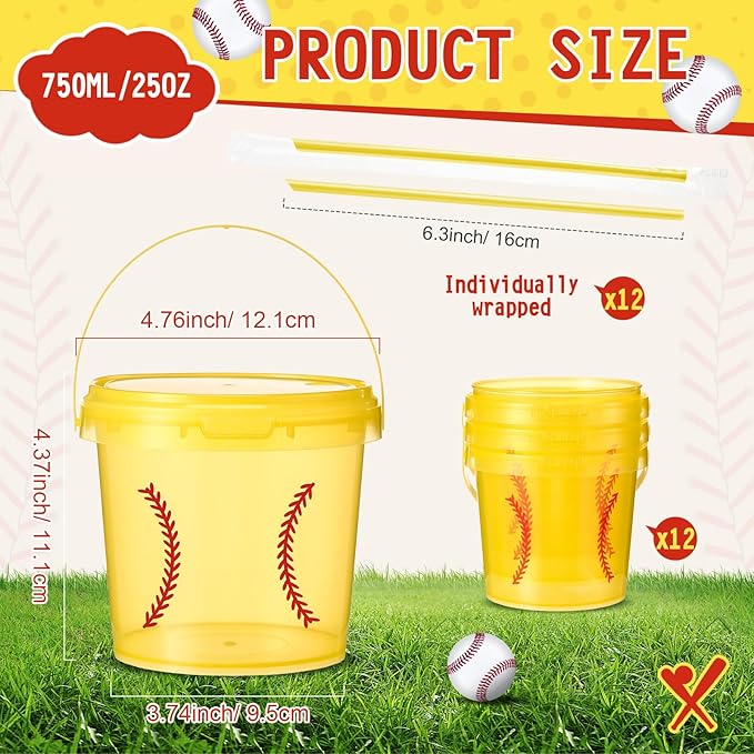 12 Set 25 oz Softball Plastic Drink Buckets with Straws Handles Lids Reusable Cocktail Rum Buckets 750ML Smoothie Milk Tea Cups Food Containers Pails Sport Party Supplies