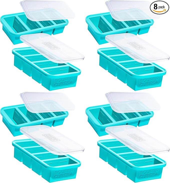 Souper Cubes 1 Cup Silicone Freezer Molds with Lids - Soup Cubes with Steel Reinforced Rim - Perfect for Freezing Broth, Rice, Individual Portions, Meal Prepping and More - Aqua - 8-Pack