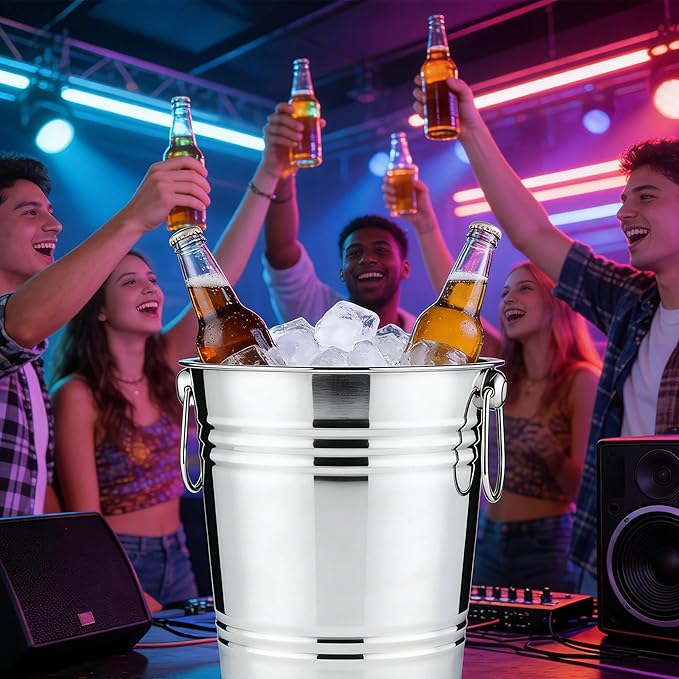 6-Piece Ice Bucket Set with Plastic Scoops | Leak-Proof Large Ice Buckets for Parties, Bars, Outdoor Events | Chilling Containers for Wine, Champagne, Beer (Stainless Steel, Bright Silver)