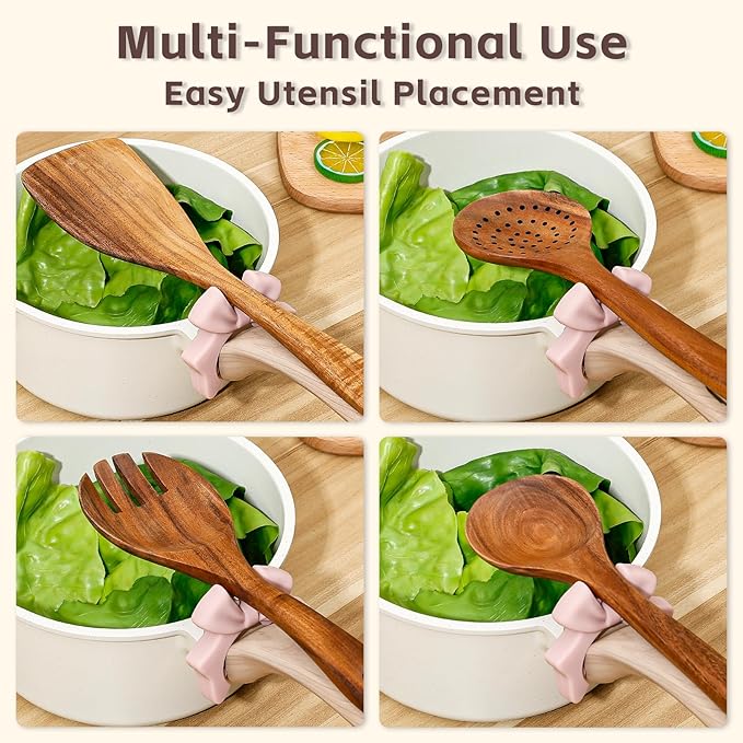 Koythin 3-Piece Bow Silicone Spoon Rest and Spatula Holder, Cute Spoon Rest for Kitchen Counter, Bow Shaped Cooking Holder and Steam Release, Drip-Free Kitchen Gadgets for Pots & Pans (Pink)