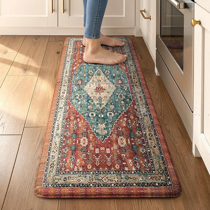 Collive Boho Cushioned Kitchen Mat, Comfort Anti Fatigue Mats for Kitchen Floor, Standing Desk Mat for Kitchen, Office, Laundry, Sink, 17.3”x47” Red Non-Skid Waterproof Kitchen Rugs