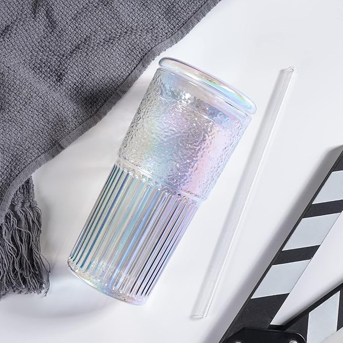 QWEZXO Colorful High Borosilicate Glass Cups With Lids and Glass Straws，20 OZ Rainbow Iced Coffee Water Tumbler Smoothie