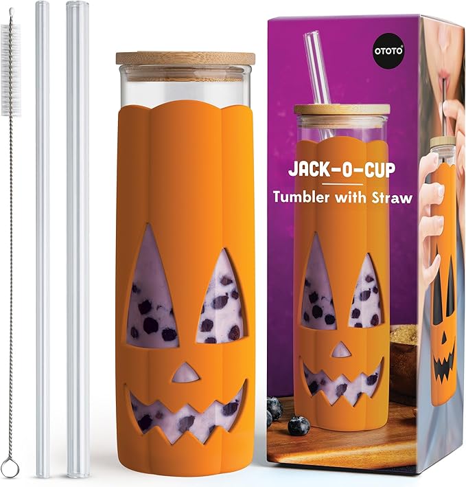 OTOTO NEW Jack-o-Cup Glass Cups with Lid and Straws - Glass Coffee Tumbler with Straws, Halloween, Goth, Witchy Gifts, Iced Coffee Cups, Glass tumbler with Bamboo Lid, 16.9oz