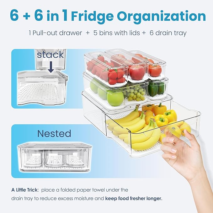 SMRCAD 6 Pack Refrigerator Organizers, Clear Pull-out Drawer Container and Organizer Bins with Lids, Stackable Storage Containers for Fruits, Vegetable (Set of 6 (Include Pull Out Drawer))