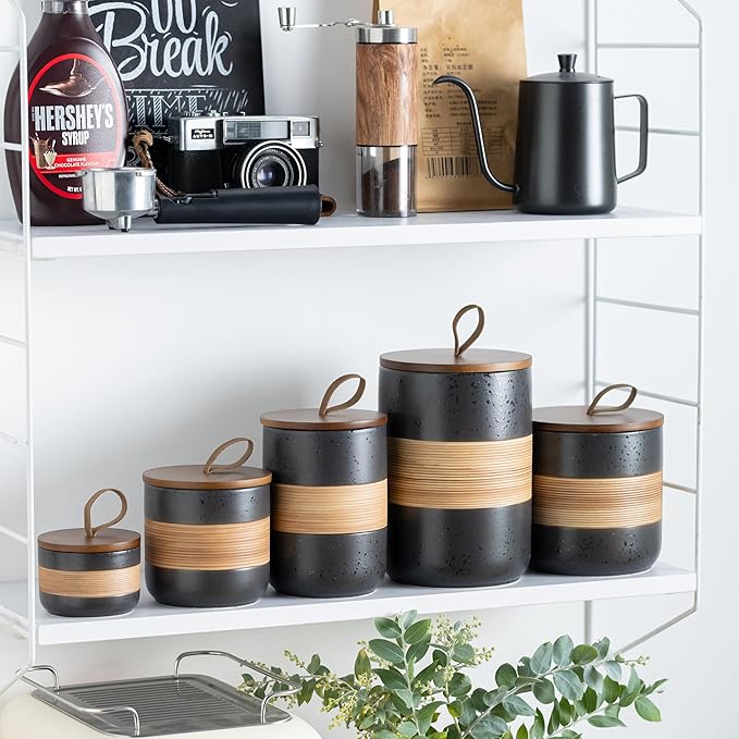 Miamolo Ceramic Jar with Lid, Coffee Container Kitchen Food Storage Jars for Spice Sugar Tea Bag, Stackable Decorative Jars for Countertop, Black & 18 fl.oz