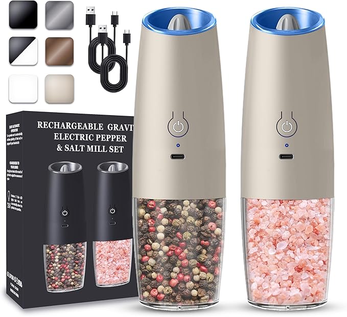 UNNEES Rechargeable Electric Salt and Pepper Grinder set of 2, gravity electric salt and pepper grinder set, Adjustable Roughness, LED Light, 2 Pack, (Khaki)