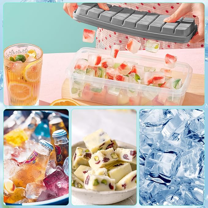 2 Pcs Easy Release Ice Cube Trays, Snow Gray Flexible Silicone Ice Cube Molds Removable Lid Stackable for Whiskey, Beverages, Baby Food (15 cubes 0.7oz)