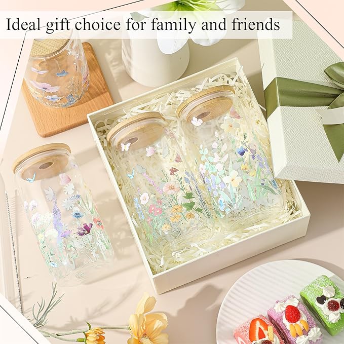 Mumufy 8 Pack Gift for Women Wild Flower Glass Cup Tumbler Butterfly Iced Coffee Mugs 16 oz Glass with Bamboo Lid & Straw, Christmas Mothers Day Birthday Gift for Mom Sister Bridesmaid Baby Shower